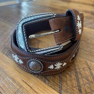 Cabela’s Western Leather Belt 36 Brown Hair Inlay Engraved Silver Buckle